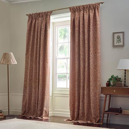 Morris&Co. Acorn Tonal Pencil Pleat Curtain Pair – Lined Matt Jacquard Drapes with Botanical Floral Design (Brick - 168x137cm)