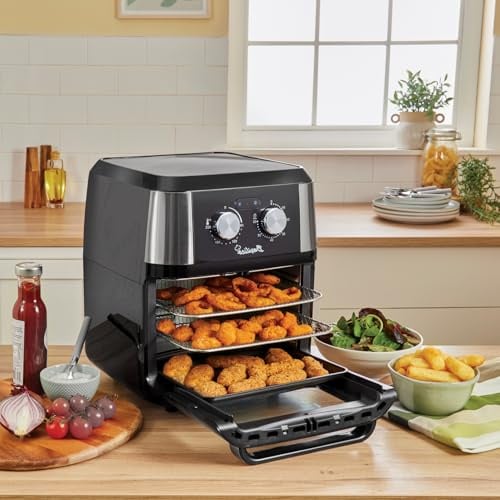 Basilico® Heißluftfritteuse mit 3 Ebenen – 12 Liter Fassungsvermögen – spülmaschinengeeignetes Zubehör – Temperatur von 80-200°C einstellbar – Timerfunktion bis 60 Minuten