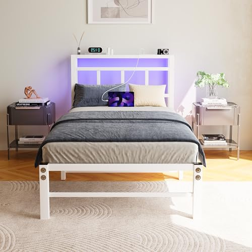 VECOCHO Single Bed Frame with Headboard&LED Lights,Bed Frame Single,White | Heavy Duty Metal Platform Bed Frame,Charging Station,3ft Bed Base with Strong Slats Support,UnderBed Storage,Easy Assembly