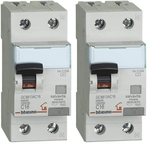 BTicino GC8813AC16 BTDIN Interruttore Magnetotermico Differenziale, 1P+N, 4.5 kA, Idn : 0.03 A, In : 16 A (Confezione da 2)