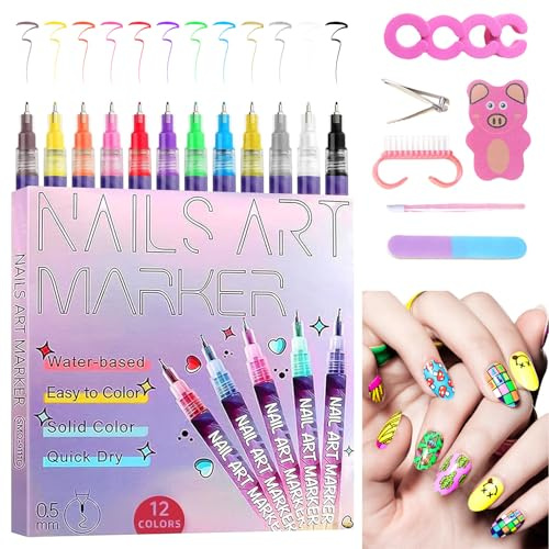 Nail Art Markers Set, 12 Colors Art Drawing Tool for Real Nails DIY Quick Dry Graffiti Dotting Point Liner Pen Accessories 3D Nail Polish Pens UK Gift for Young Girls