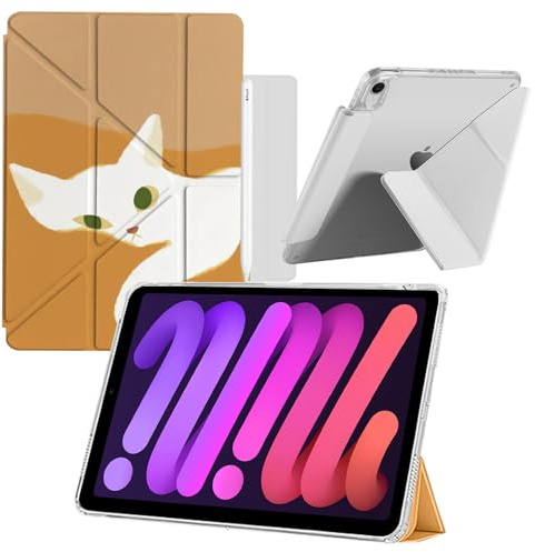 KeHowy Case for iPad mini 7 (A17 Pro, 2024 Model, 7th Generation) / mini 6 (2021 Model, 6th Generation), Magnetic Buckle, Shockproof Clear Hard Back Shell Smart Cover with Auto Wake/Sleep - Cat