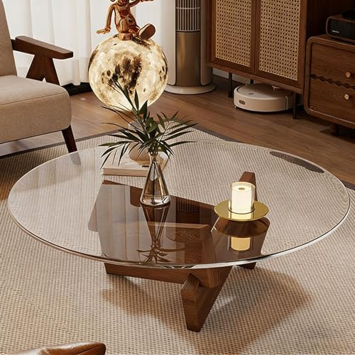 NEHCFO Couchtisch Wohnzimmer rund mit Glasplatte, einfach aufzubauen, Stabiler Couchtisch Holz, für kleine Räume(Transparent+Brown,80x80x31cm)