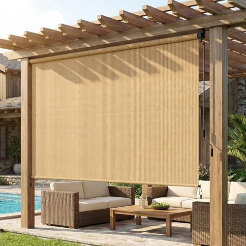 LIFERUN Senkrechtmarkise 300x240 cm, HDPE-Schattentuch für Terrassenpergola | Vertikalmarkise, Balkonmarkise, Aluminiumrohr mit kabelloser Kurbelbedienung, für Balkon, errasse, Garten, Khaki, 1 PCS