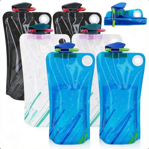 Faltbare Wasserflasche 6 Stück Trinkflasche Flexible Zusammenklappbare | Wasserflasche mit Karabiner, 1000ml Trinkbeutel Wiederholbare BPA-freie Wasserflasche für Wandern,Abenteuer, Reisen