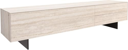 DELIFE TV-Board Cuor Keramik Laminam® Travertino Bianco Creme-Weiß 220 cm 1 Klappe 2 Schubfächer Fuß Schwebeoptik Metall Schwarz Lowboard