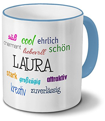 printplanet Tasse mit Namen Laura - Positive Eigenschaften von Laura - Namenstasse, Kaffeebecher, Mug, Becher, Kaffeetasse - Farbe Hellblau