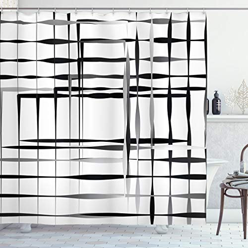ABAKUHAUS Moderne Kunst Duschvorhang, Abstrakte Kunst Geometrische, Stoffliches Gewebe Badezimmerdekorationsset mit Haken, 175 x 180 cm, Schwarz Weiß