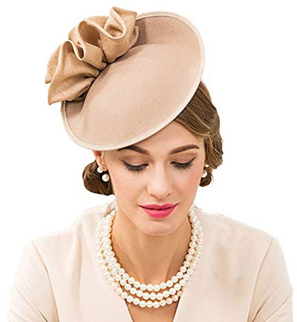 F FADVES Fascinator/Fascinator/Fascinator/Filz, für Hochzeit, aus Wolle, für Damen, Blume, Derby, Kirche, Kipphut - Beige - Large