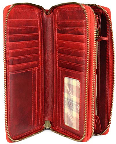 Hochwertige XXL Vintage Leder Damen Geldbörse Portemonnaie langes Portmonee Geldbeutel Organizer aus weichem Leder mit extra vielen Fächern inkl. RFID in rot - 20x11x3,5cm (B x H x T)