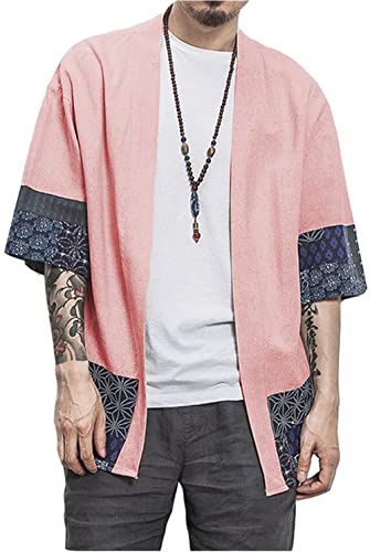 perdontoo - Camicia casual da uomo in lino chiaro a maniche corte aperto sul davanti a cardigan, Rosa, Medium