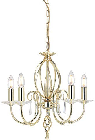 5 Bulb Chandelier Hanging Pendant Light - Cut Glass Droplets - 1 Bulb Enclosed in Central Curved Stem - Highly Polished Brass Finish - LED E14 60W Bulb
