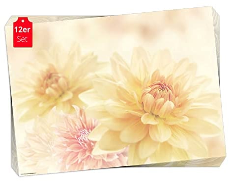 Tischset, Platzset - Gelbe Dahlien - 12 Stück Made in Germany, 44x32cm aus speziellem Naturpapier in Aufbewahrungsmappe – die besondere Tischdeko für Frühling, Ostern & Blumen