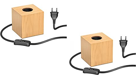ledscom.de 2 Stück Tischlampe HITO, Schalter, Echtholz (Gummibaum), quadratisch, hellbraun, 1x E27 max. 60W