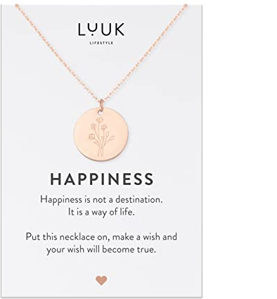 LUUK LIFESTYLE Halskette aus Edelstahl mit Anhänger und HAPPINESS Spruchkarte, Freundschaftskette, Geschenk zum Geburtstag, Damenschmuck, Silber, Gold, Rosé