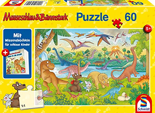 Schmidt Spiele Mauseschlau und Bärenstrak, Reise in die Urzeit, 60 Teile Kinderpuzzle, mit Wissensbüchlein