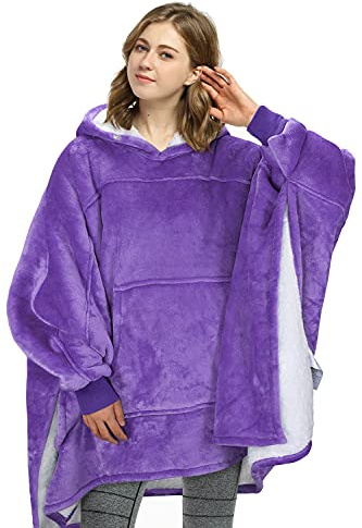 Poncho Wearable Blanket, Warm Presents For Women, Oversized Hoodie Blanket, Soft Comfortable Giant Hoody, Purple