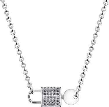 Key Lock Necklace Link Chain Padlock Zircon Pendant Necklaces For Women Men Fashion Gothic Aesthetics Jewelry Birthday Gift, Stainless Steel, Cubic Zirconia,