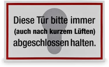 Betriebsausstattung24® Hinweisschild Diese Tür bitte immer (…) abgeschlossen halten | Maße (BxH): 10,0 x 6,0 cm | Material: Selbstklebende Folie | Türschild