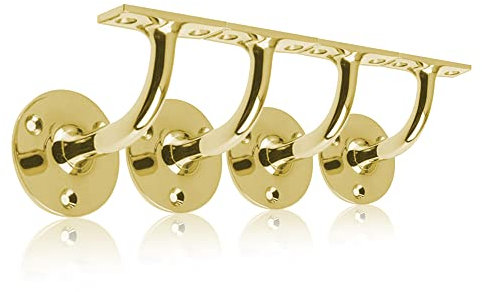 UAP Set of 4 Handrails for Stairs - Heavy Duty Handrail Brackets for Stair Bannister, Modern & Stylish Brackets for Flat Hand Rail (4 Pack, Polished Brass)