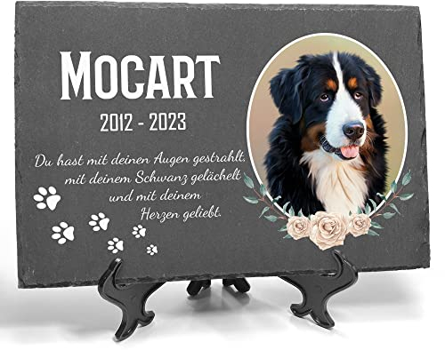 TULLUN Individueller Personalisiert Tiergrabstein Schiefer Gedenkstein + Ständer für Hund, Katze und andere Haustiere - Größe 20 x 30 cm - Blumenrahmen Foto