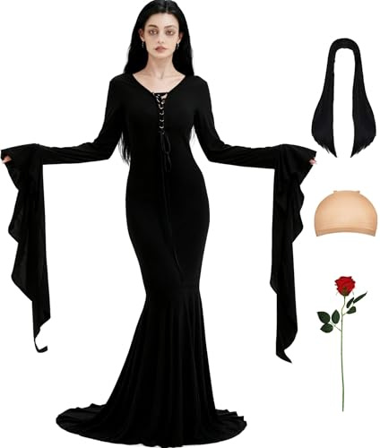 HMPRT Halloween-Kostüme für Frauen – schwarzes langes Kleid, Perücke mit Perückenkappe und künstlichen roten Rosen