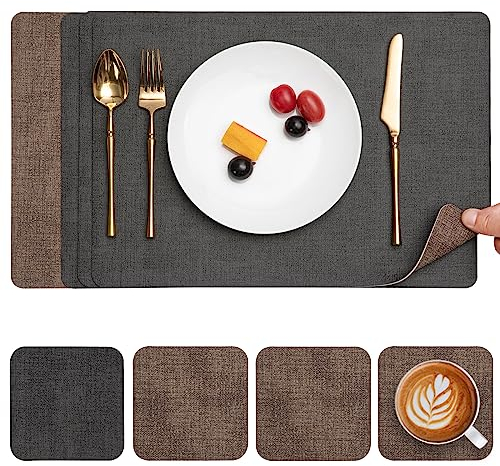 Myir JUN Tischsets Abwaschbar Leder und Untersetzer, Doppelseitigen Platzset 4er Set rutschfest Platzdeckchen Leder Kunstleder Tischset (Grau Braun, 4er Set)