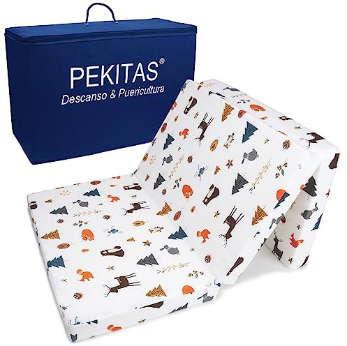 PEKITAS Colchón De Viaje Plegable 60x120 cm Grosor 6 cm Incluye Bolsa Transporte Bebé Cuna Funda Lavable Transpirable Estampado Jungla