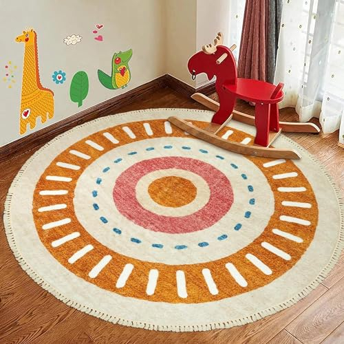 Lukinbox Boho-Kinderteppich, rund, 1,8 m, Sonnenschutz, waschbar, für Wohnzimmer, superweich, rutschfest, Kreis, Spielzimmer, bunte Regenbogen-Teppiche für Schlafzimmer, Esszimmer