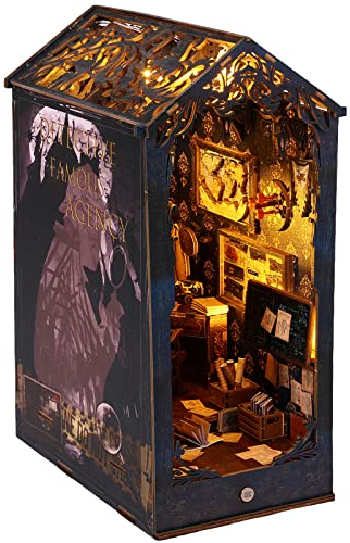 DIY Book Nook Kit Puzzle 3D Legno Serra Libri in Legno con Luce LED e Descrizione in Inglese Kit di Casa delle Bambole Miniature Adatto a Persone di Più di 14 Anni (Agenzia investigativa)