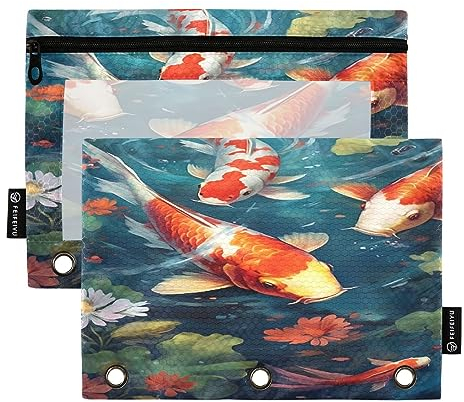 Binder Pencil Pouch 3 Ring Zipper Clear Window Pen Case Big Capacity Cosmetic Bag Storage Container for Storing Office Supplies 2 Pack Carp Fish Blue Red