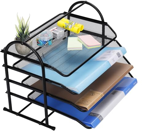 Cinanni in metallo 4 scomparti nero. Vassoio per lettere per documenti A4, design a rete, vassoio da scrivania, schedari, scrivania per computer, organizer per cassetti,35,5 cm L x 25,5 cm L x 26 cm A