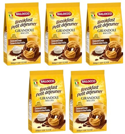 Balocco Girandole 350g Italian Shortbread Biscuits | Cocoa & Cream Biscuit for Breakfast | Chocolate Swirl Cookies | Suitable for Vegetarians, Palm Oil Free Snack (GIRANDOLE 350G, 5 Pack)