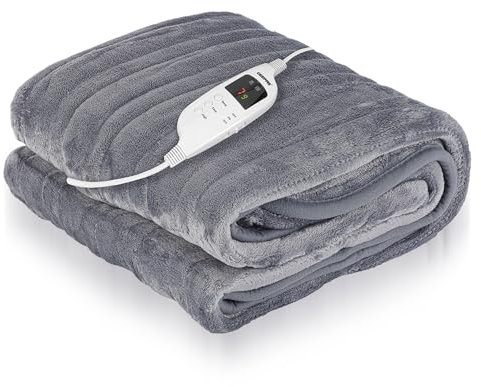 GEEPAS Electric Blanket Heated Throw 130 x 160 cm | Warm Flannel Electric Over Blanket for Sofa Bed – Over Heating Protection with 7 Heat Settings & 9 Hour Timer, Auto Off, Machine Washable | Grey