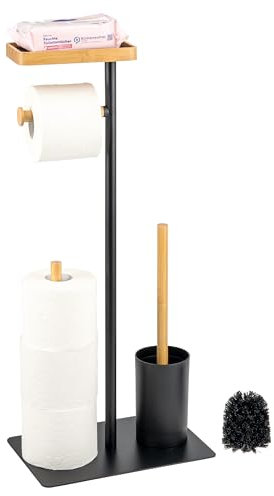 eluno Stand-WC-Garnitur 4in1, WC-Bürste, (Ersatz-) Rollenhalter, Ablage, Bambus/Metall (Schwarz)