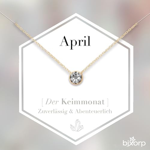 Bixorp Geburtsstein Halskette mit Zirkonia-Anhänger April - Edelstahlkette mit rundem Zirkonia-Kristall - April/Diamant - Gold