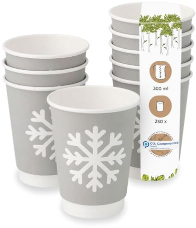 BIOZOYG 250 Stück graue doppelwandige Kaffeebecher Pappbecher Wintermotiv 'Schneeflocke' 300ml / 12 oz - umweltfreundlich recycelbar & schön bedruckt - Kaffeebecher to go