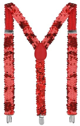 Kaerm Herren Damen Pailletten Hosenträger Glitzer Krawatte Fliege mit 3-Clips Y-Form Zubehör ideal für Fasching Karneval Halloween Party Rot One Size