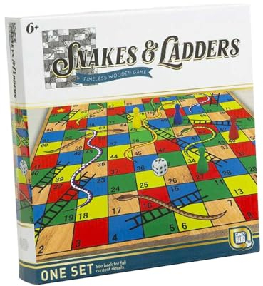 Snakes and Ladders Travel Wooden Board Game Family Fun Great Gift Upto 6 Players Educational Kids Toys Set Includes 1 Snakes and Ladders Wooden Board, 4 Player Figures and 1 Numbered Dice Multicolor