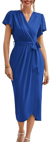 Ladies Summer Beach Dress Wedding Guest Cocktail Party Dress V Neck Short Sleeve Ruffle Slit Wrap Dress M Blue Size 14