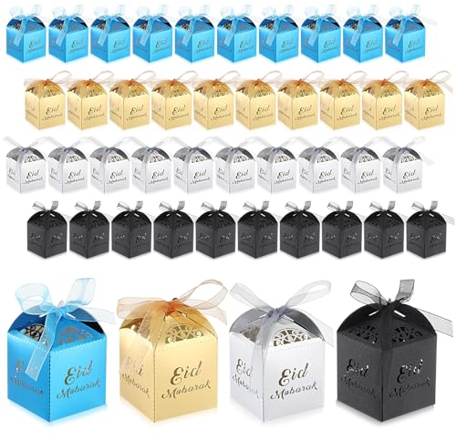 Tenare 40 Eid Mubarak Geschenkboxen mit Band Ramadan Geschenkboxen Geschenkschachteln aus Papier Muslim Süßigkeiten Boxen Goodies Boxen für Islamische Muslimische Festdekoration