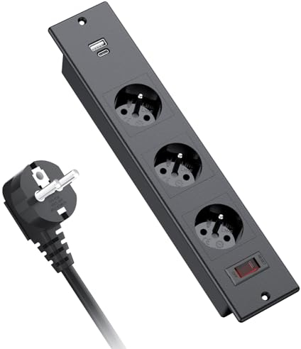 Prise Encastrable Plan de Travail, Dinolink Multiprise Encastrable avec 3 Prises, PD 20W USB A+C, Prise Electrique Encastrable avec Interrupteur de Surcharge, 16A/4000W, 2M Câble, Noir