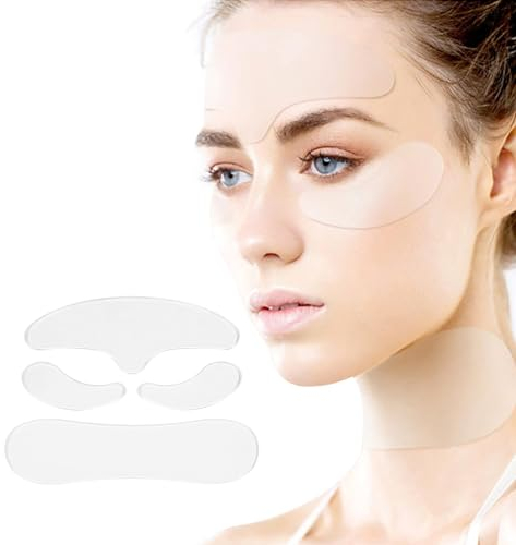 MKNZOME Patch Anti-rides en Silicone 4Pcs, Tampons Anti-rides pour le Visage Réutilisable pour Lissant et Réduisant les Rides, Coussinets de Soins de Peau pour le Cou du Front des Yeux