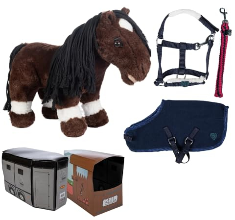 HKM Cuddle Pony in Dunkelbraun mit Starter-Set in Blau. Spielzeugpferd als Kuscheltier mit Halfter, Strick und Pferdedecke.