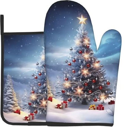 HUHZHZ Ofenhandschuh und Pfannen-Gestell, Motiv: Weihnachtsbäume, 2 Stück