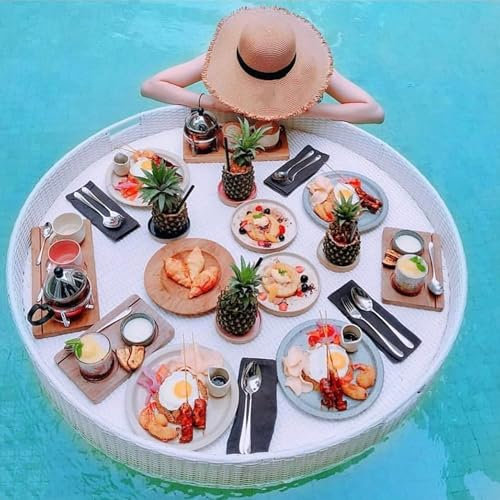 JINGEDD Plateau Flottant en Rotin, Plateau De Service Tissé en Rotin, Plateau De Service Tissé en Rotin, Plateau De Service Flottant pour Piscine,White-80CM