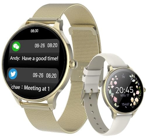 FOREVER Smartwatch Velora SB-306 Damen Uhr Gold – Elegante Fitnessuhr Gold mit Pulsmesser, Schrittzähler, Schlafüberwachung, Benachrichtigungen, Wasserdicht, Musiksteuerung, Kamera, Android & iOS