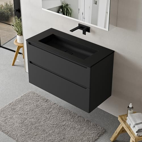 BERNSTEIN Badmöbel-Set Vireo, Waschtisch-Unterschrank mit Mineralguss-Waschbecken 100cm in Anthrazit matt - BRUXELLES - Schwarz matt ohne Hahnloch - 2 Schubladen, Badmöbel, 5 Jahre Garantie