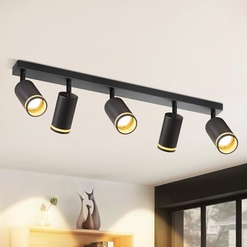 meoaow Deckenstrahler Schwarz 5 Flammig Wohnzimmer Modern Deckenlampe Strahler GU10 Spots Schwenkbar Innen Metall Deckenleuchte Deckenspots für Flur Küche Schlafzimmer, Ohne Leuchtmittel