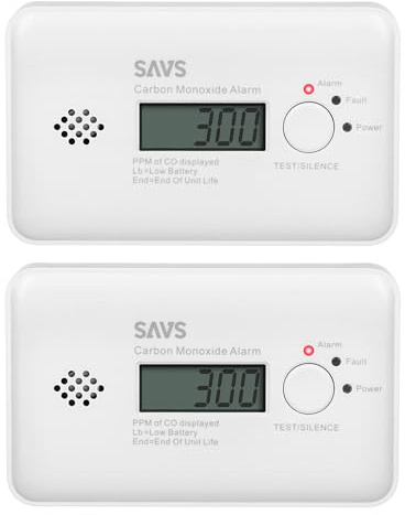 SAVS CO Melder WLAN 2er Set – Kohlenmonoxid Melder mit RF & App | 2er Set CO-Melder mit 10-Jahres-Batterie, RF-Vernetzung bis 24 Geräte, G10 Hub optional und Figaro-Sensor mit LCD.